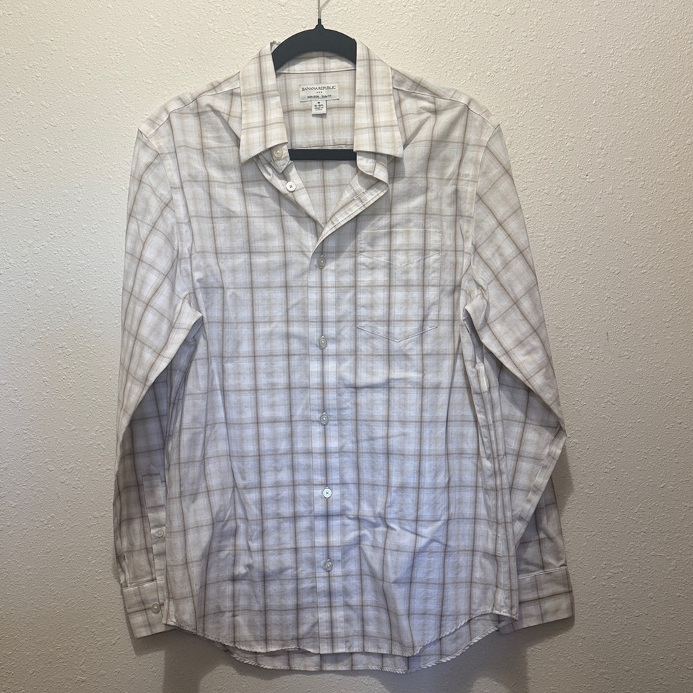 Banana Republic Men's Light Beige Checkered Shirt, Size M